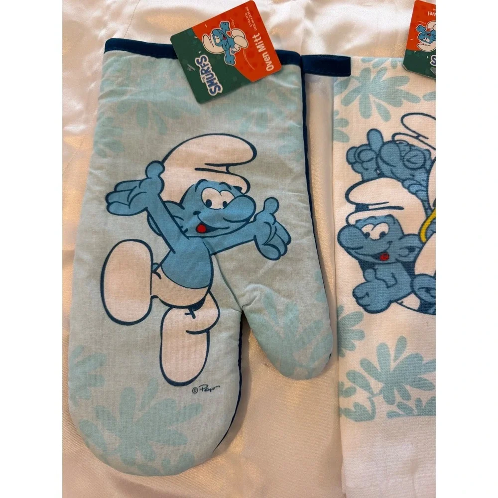The Smurfs 4pc Kitchen Set Oven Mitt Mini Mitt Pot Holder Towel Blue New NWT